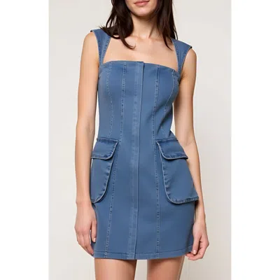 Modenaire Square Neck Denim Mini Dress With Flap Patch Pockets In Blue