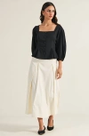 Modenaire Square Neck Long Sleeve Front Button Peplum Blouse In Black