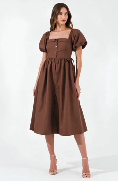 Modenaire Square Neck Puff Sleeve Midi Dress With Side Tie Ribbon And Button Front In Brown