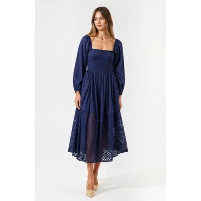 Modenaire Square-neck Smocked Midi Dress With Long Sleeves And Eyelet Hem In Navy Blue
