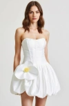 Modenaire Strapless Bubble Skirt Corset Mini Dress With 3d Floral Accent