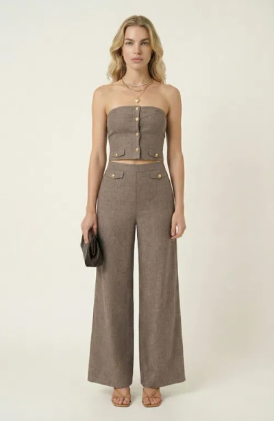 Modenaire Strapless Button-front Crop Top And Wide-leg Pants Two-piece Set In Brown