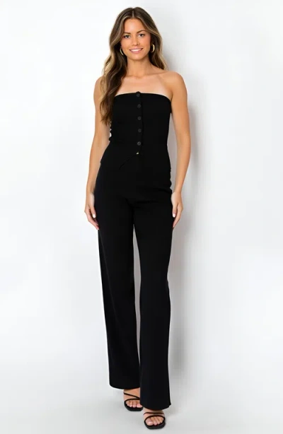 Modenaire Strapless Button-front Top And Wide-leg Pants Set With Sleek Silhouette In Black