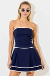 Modenaire Strapless Contrast Trim Pleated Mini Dress In Blue
