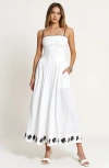 Modenaire Strapless Embroidered Hem A-line Dress With Corset Waist In White/black
