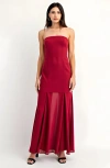 Modenaire Strapless Evening Gown With Sheer Panel Skirt And Fitted Bodice In Red