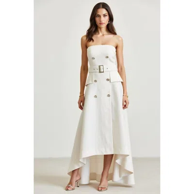 Modenaire Strapless High-low Dress With Belted Waist And Double-breasted Buttons In White