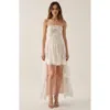 Modenaire Strapless High-low Dress With Sheer Bodice And Tiered Skirt In Brown