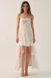 Modenaire Strapless Lace High-low Dress With Sheer Bodice And Tiered Skirt In White