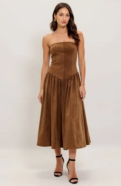 Modenaire Strapless Midi Dress With Fitted Bodice And Flared Skirt In Brown