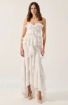 Modenaire Strapless Raw Edge Tiered Ruffle Maxi Dress In White