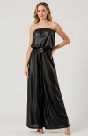 Modenaire Strapless Satin Jumpsuit With Belted Waist And Wide Leg Silhouette In Black