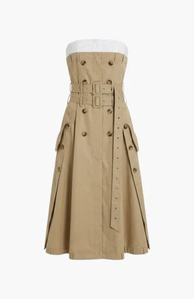 Modenaire Strapless Trench Double Belt Detail Midi Dress In Brown