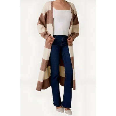Modenaire Stripe Belted Long Cardigan With Open Front And Ribbed Cuffs In Brown