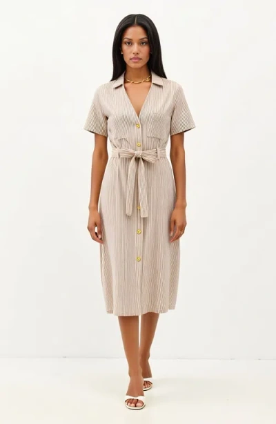 Modenaire Striped Button-down Midi Dress With Waist Tie And Collared Neckline