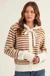 Modenaire Striped Button-up Cardigan Hoodie With Ribbon Tie And Ribbed Hem In Multi