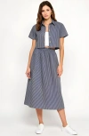 Modenaire Striped Cropped Button-up Shirt And Midi Skirt Set With Short Sleeves In Blue