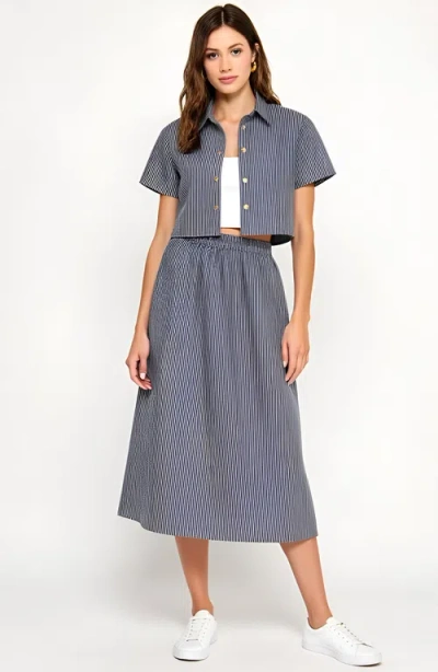 Modenaire Striped Cropped Button-up Shirt And Midi Skirt Set With Short Sleeves In Blue