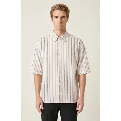 Modenaire Striped Embroidered Short Sleeve Button Up Shirt In White
