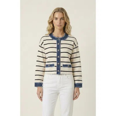 Modenaire Striped Knit Denim Trim Cardigan In Neutral