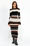 Modenaire Striped Long Sleeve Knit Midi Dress With Flared Cuff Detail In Multi