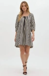Modenaire Striped Mini Dress With Tie Neckline, Pockets And 3/4 Sleeves In Multi