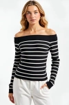 Modenaire Striped Off-the-shoulder Knit Long-sleeve Fitted Top In Black