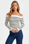 Modenaire Striped Off-the-shoulder Knit Long-sleeve Fitted Top In White