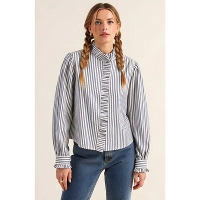 Modenaire Striped Puff Sleeve Blouse With Ruffled Trim And Covered Placket In Blue