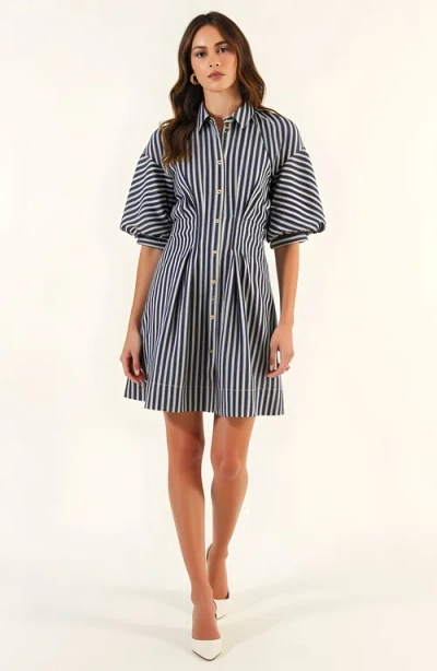 Modenaire Striped Puff Sleeve Tailored Shirt Dress In Black