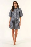 Modenaire Striped Puff Sleeve Tailored Shirt Dress In Black