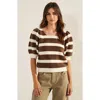 Modenaire Striped Short Sleeve Sweater With Puff Shoulders And Square Neckline In Brown