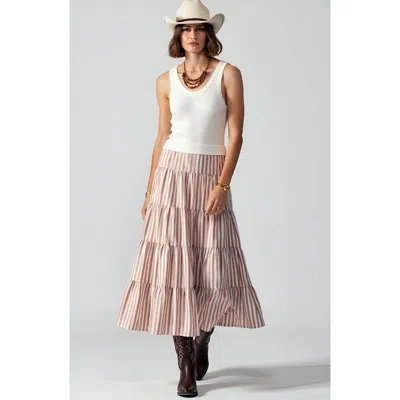 Modenaire Striped Tiered A-line Maxi Skirt With Elastic Waist And Soft Drape In Brown