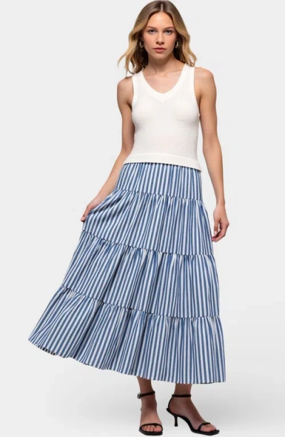 Modenaire Striped Tiered A-line Maxi Skirt With Side Pockets And Relaxed Fit In Blue