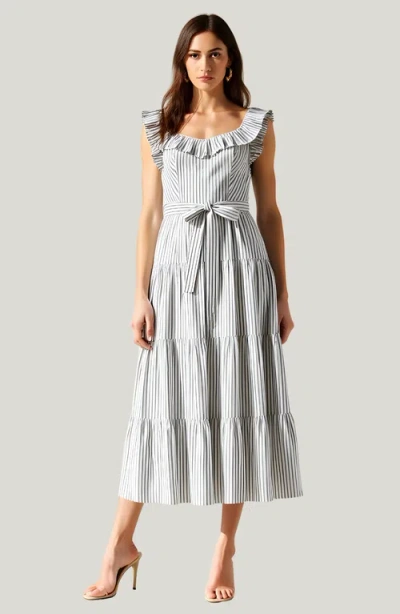 Modenaire Striped Tiered Midi Dress With Ruffle Sleeves And Front Waist Tie In Gray