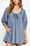 Modenaire Striped V-neck Romper With 3/4 Sleeves And Front Tie Detail