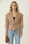 Modenaire Structured Belted Pleated Shoulder Jacket In Brown