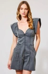 Modenaire Structured Zip Front Romper With Flutter Sleeves And Pleated Detail
