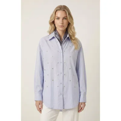 Modenaire Stud Detail Printed Scarf Button-up Shirt Set In Blue