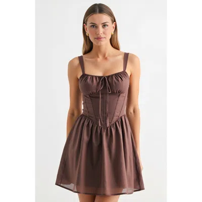Modenaire Sweetheart Gathered Bust Flared Skirt Corset Bodice Mini Dress In Brown