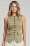 Modenaire Tailored Button Front Vest With Flap Pockets And Notched Hem In Green