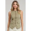 Modenaire Tailored Button Front Vest With Flap Pockets And Notched Hem In Green