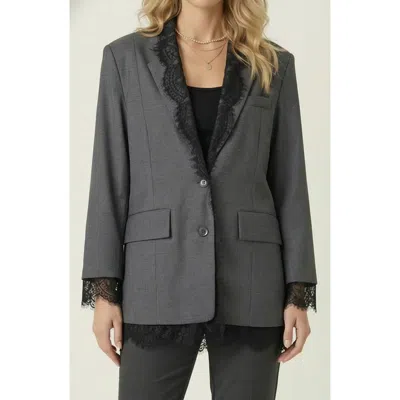 Modenaire Tailored Lace Trim Lapel Blazer In Gray