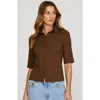 Modenaire Textured Button-up Collared Top In Brown