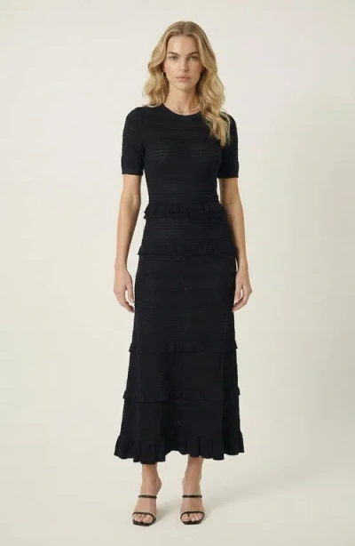 Modenaire Textured Knit Midi Dress With Ruffle Trim In Black