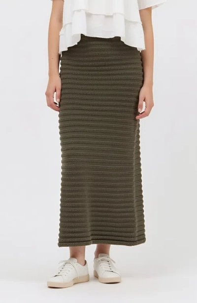 Modenaire Textured Knit Midi Skirt With Ribbed Stripe Pattern And Back Slit In Brown