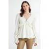 Modenaire Textured Long Sleeve Blouse With Peplum Hem And Back Bow Tie In White