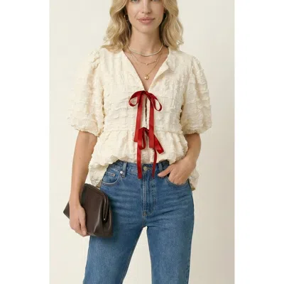 Modenaire Textured Puff Sleeve Peplum Blouse In White