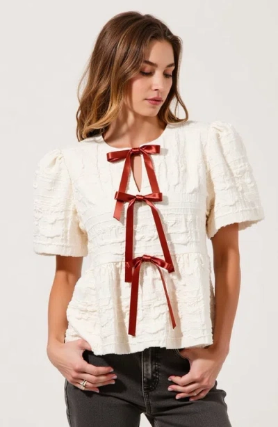 Modenaire Textured Puff-sleeve Peplum Blouse With Bow-tie Front In Off-white/brownish-red