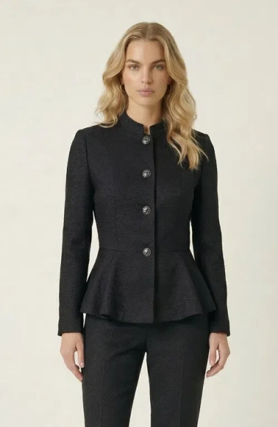 Modenaire Textured Round Neck Peplum Blazer In Black